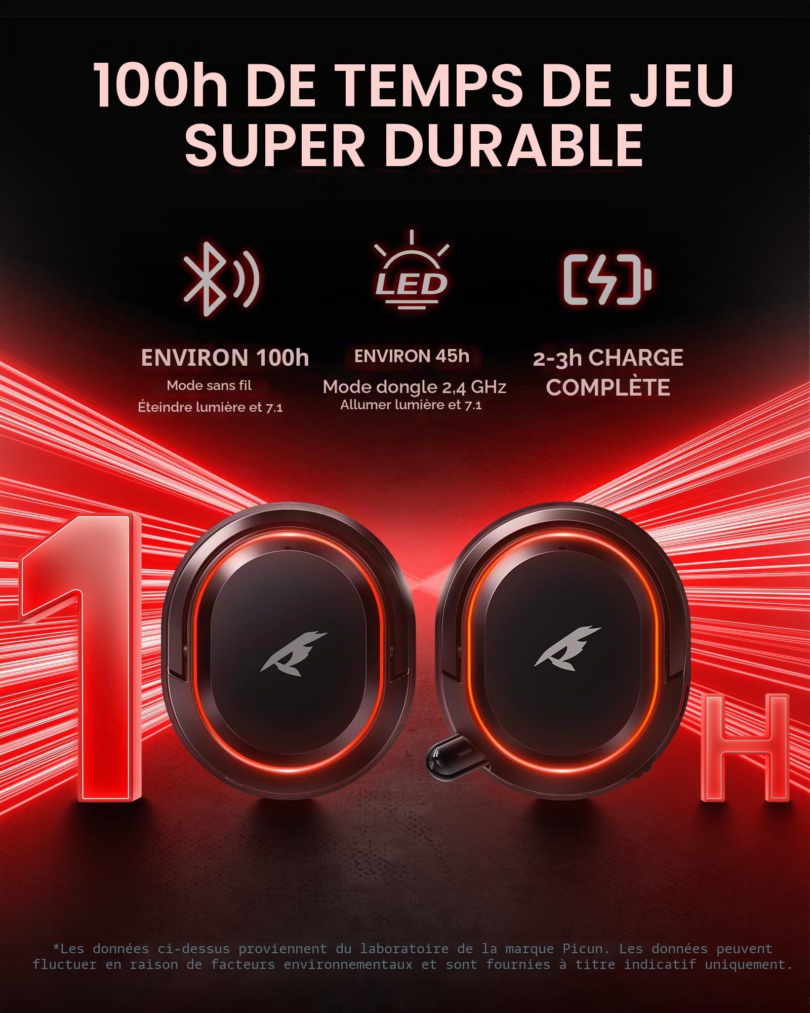 Picun G2 Casque de jeu sans fil, son surround virtuel 7.1, 2,4 GHz/Bluetooth 5.4/filaire, latence ultra-faible de 5 ms, batterie 100H, microphone antibruit ENC, RVB, pour PC PS5 PS4 Switch (noirrouge)