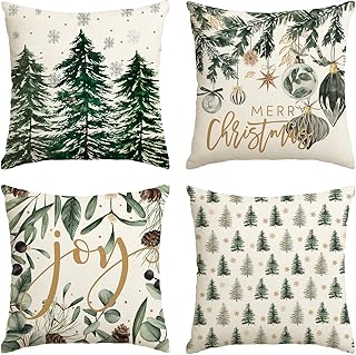 AVOIN colorlife Merry Christmas Trees Snowflake Throw Pillow Covers, 18 x 18 Inch Joy Xmas Balls Winter Holiday Cushion Case Decoration for Sofa Couch Set of 4