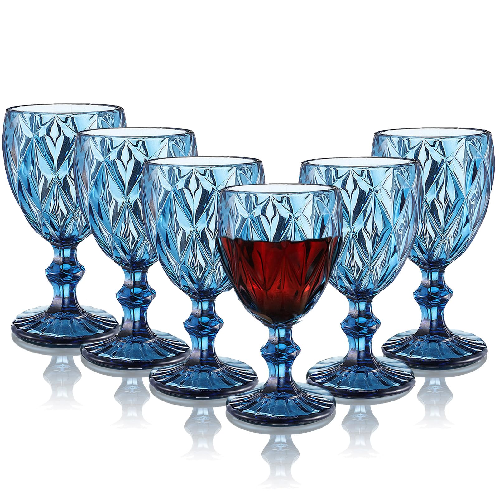 Lot de 6 verres à vin rouge vintage de 300 ml - Verres à vin en cristal - Pour mariage, cocktail, maison, restaurant, fête, Noël - Bleu clair