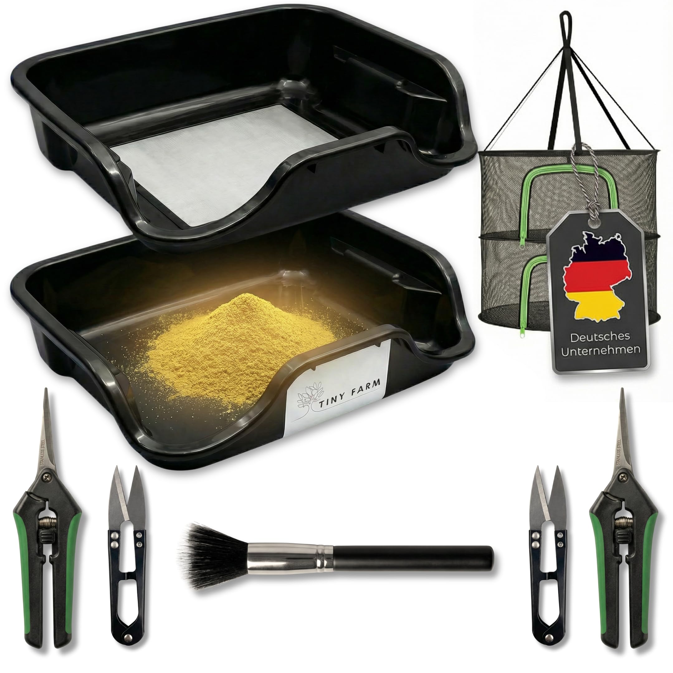 TINY FARM - Premium Trim Bin Set mit 150 Mikron Pollensieb, Trimmschale mit Trimmscheren und Netz | Trimming Tray und Dry Sift Sieb | Trim Tray | Erntemaschine Grow