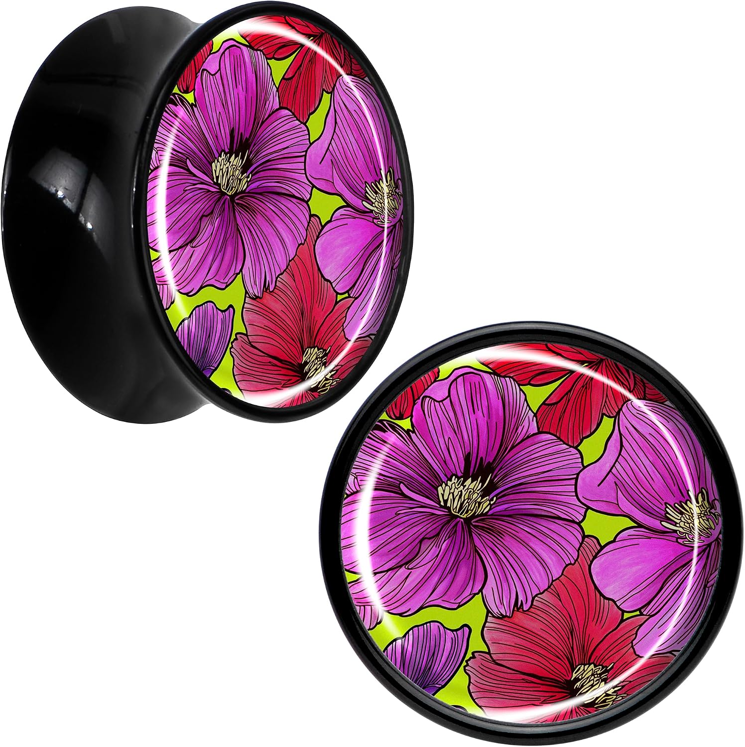 Body Candy 2PC Black Acrylic Blossom Creation Tropical Floral Flowers Saddle Plugs Double Flare Plug Ear Plug Gauges