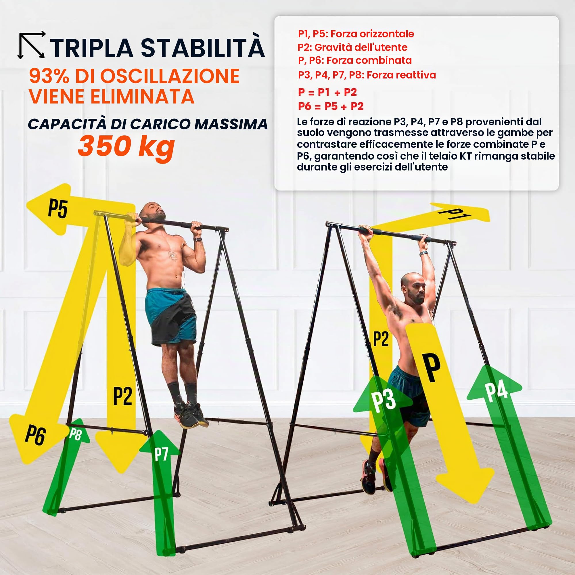 Sbarra trazioni KT alta e stabile, barra per trazioni autoportante pieghevole entroporta e esterno, struttura da terra, stazione pull up regolabile in altezza, portatile e multifunzione per casa