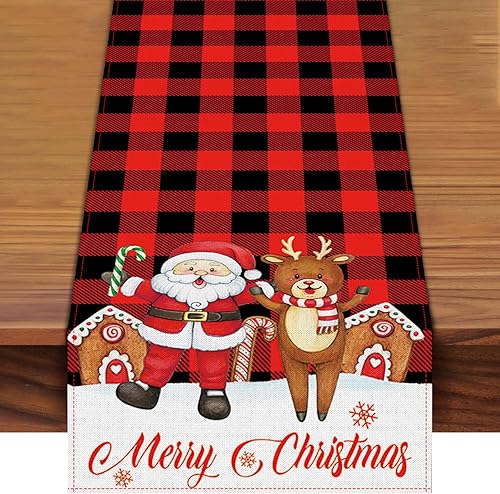 Camino de mesa de Navidad de 72 x 13 pulgadas, decoración de mesa de lino a cuadros rojos con patrón de reno de Papá Noel para fiestas temáticas de