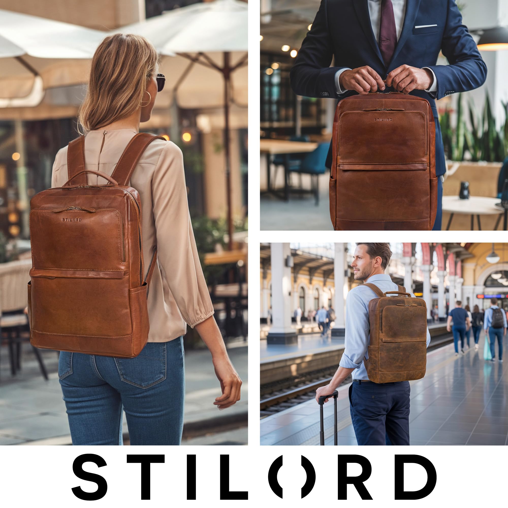 STILORD "Barney" Slim plecak na laptopa 15,6 cala skórzany plecak o sportowym designie z wieloma przegrodami plecak studencki uni daypack Kolor:koniakowy brąz