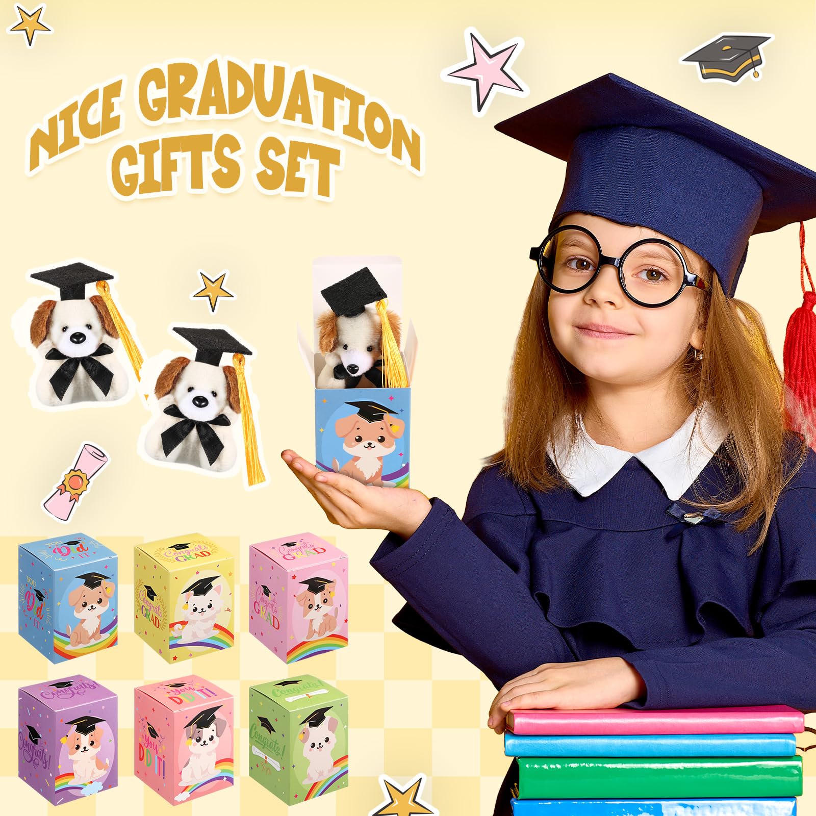 24 Pcs Mini Graduation Stuffed Animals - Small Plush Cow Keychains With Grad Hats