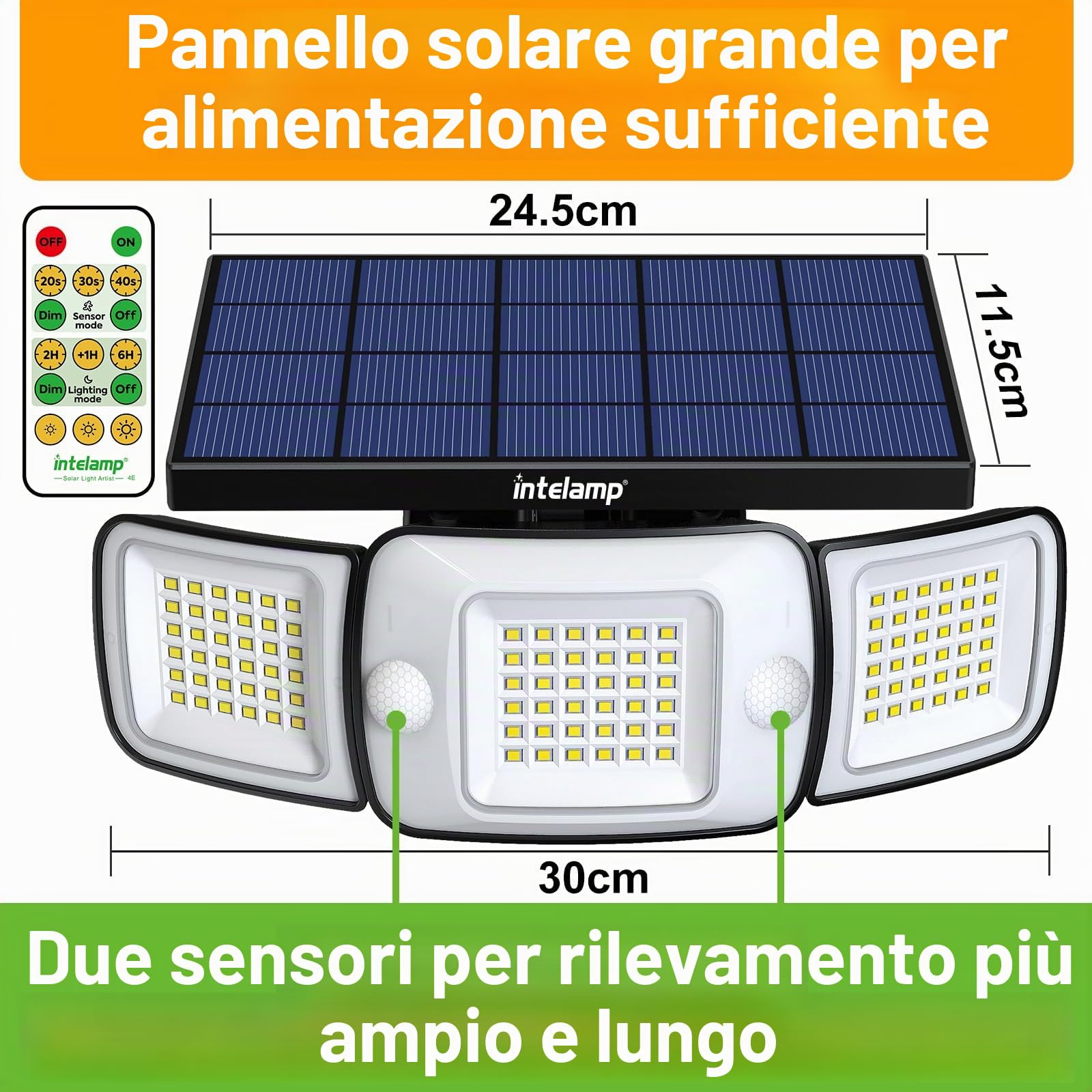 INTELAMP Lampade solari per esterni con sensore di movimento e telecomando, 6000mAh Lampade solari super luminose per esterni 4 modalità 270° copertura ad ampio angolo, impermeabile Lampada da parete