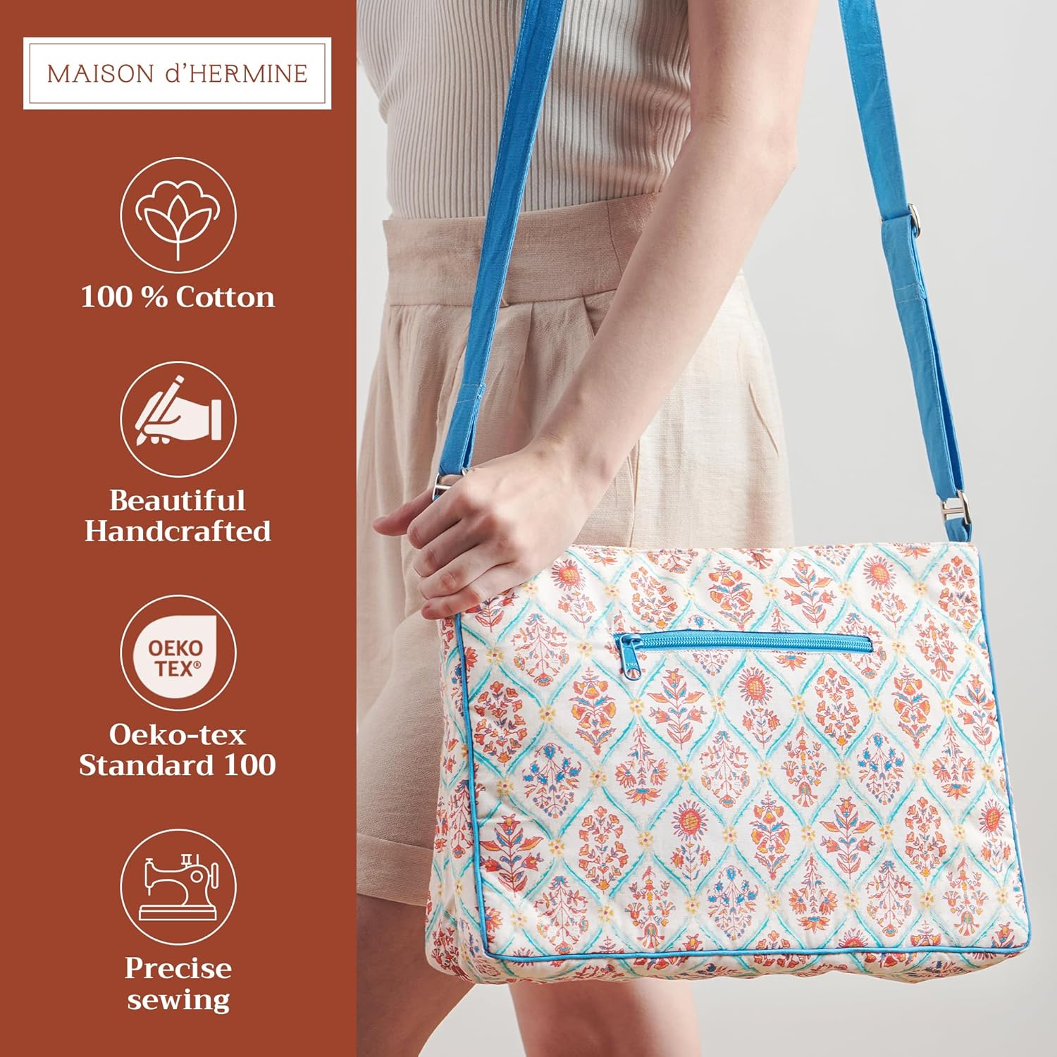 Maison d' Hermine Hand Bag Cotton Adjustable Shoulder Strap Cross Body Bag purse Zippered & Slip Pockets Easter Gifts