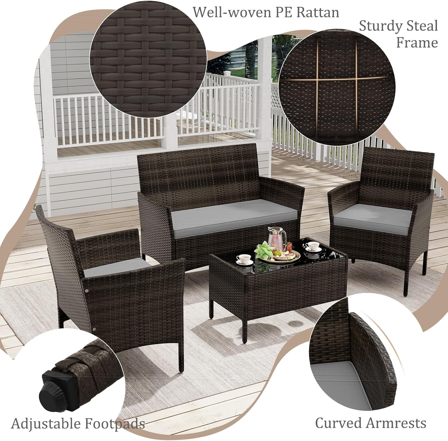 KOTEK 4 Piece Patio Furniture Set, Outdoor Rattan Conversation Set with Loveseat, Wicker Chairs, Tempered Glass Coffee Table, Wicker Patio Set for Backyard, Porch (Grey)