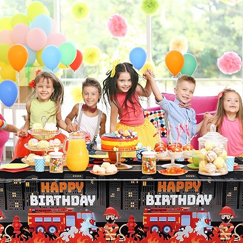 Miniatura 7 de Paquete de 3 manteles de plástico con diseño de camión de bomberos, para fiesta de bomberos, con texto en inglés "Happy Birthday", suministros para