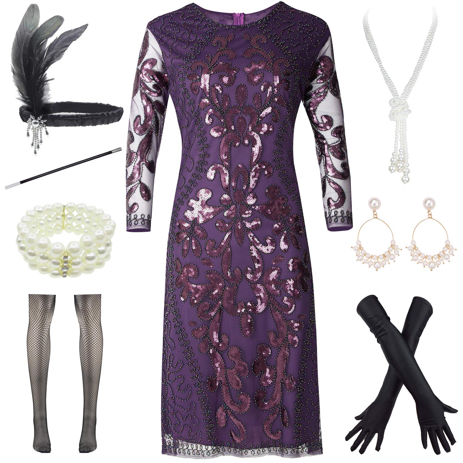 1920s Flapper Sequin Beads Plus Dress with Roaring 20s Gatsby Accessories Set