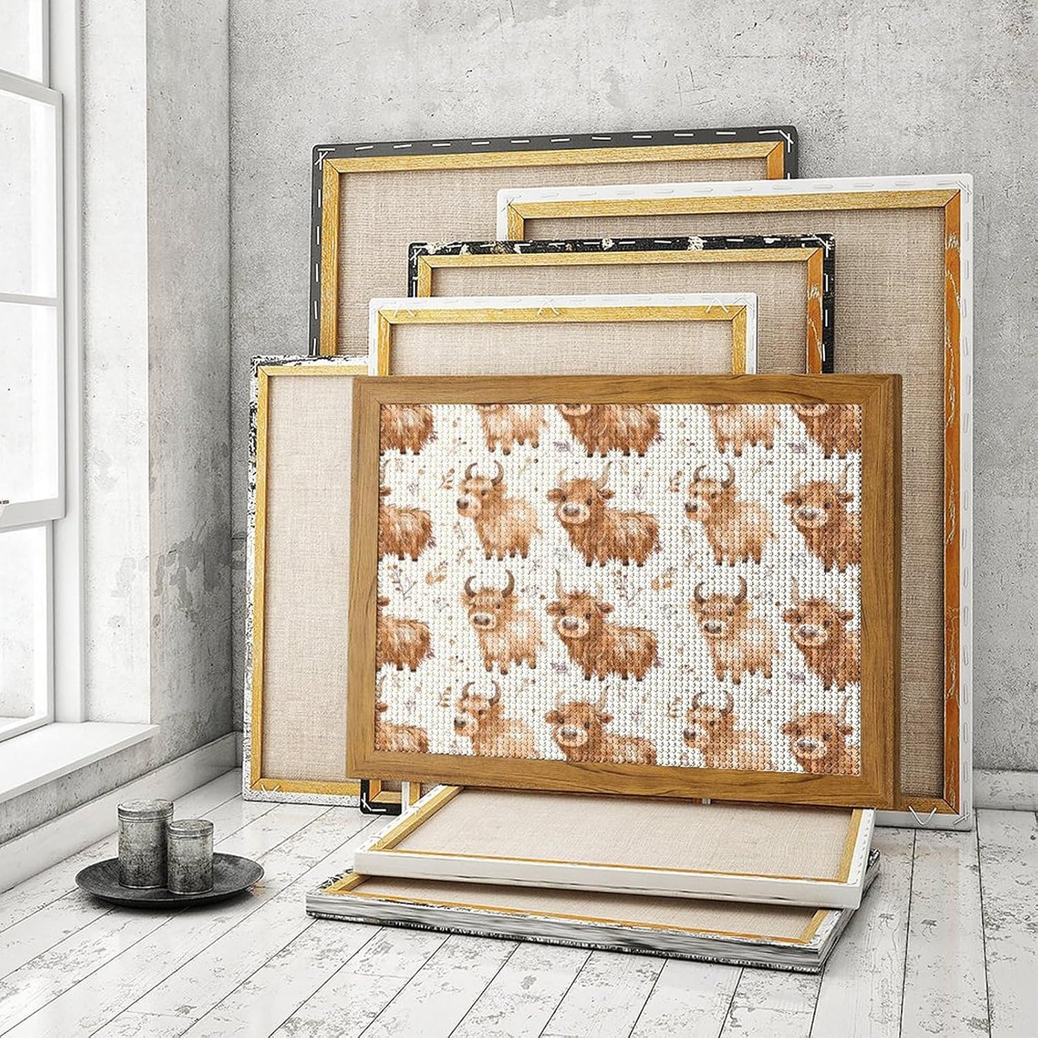 Cute Highland Cow And Plants Printed Diamond 5D Painting Kit 16x20in DIY Full Drill Craft with Tools for Home Wall Decor Gift Yellow Wood 50 * 40cm