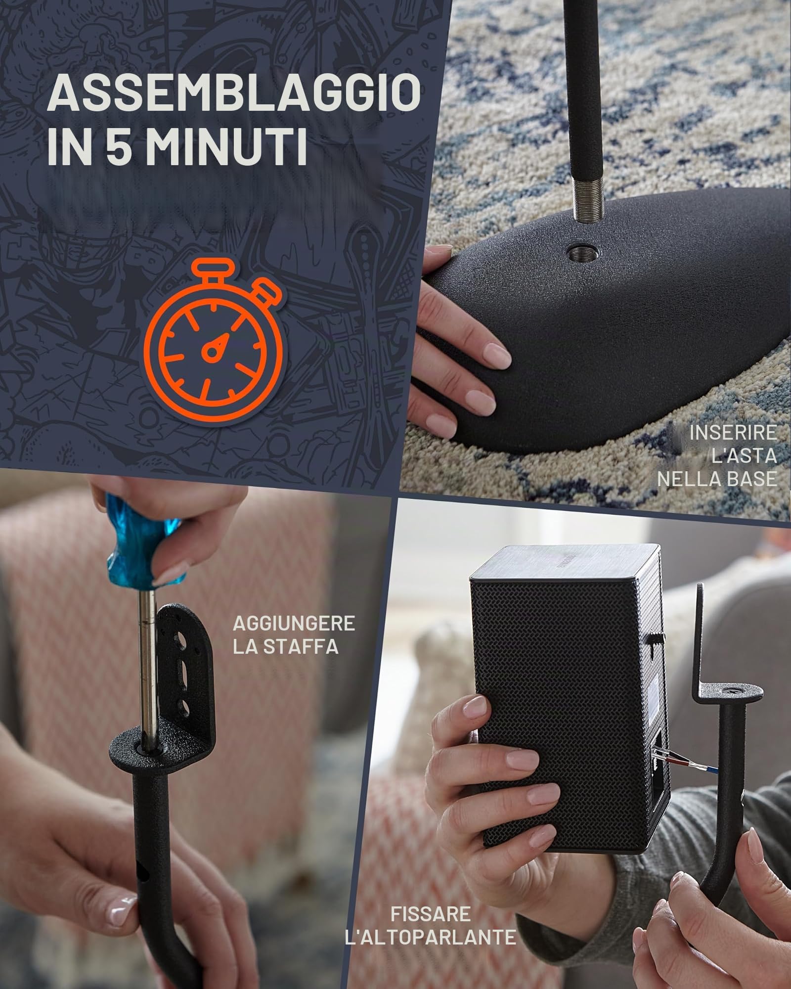 ECHOGEAR Supporto per altoparlanti regolabile in altezza - Compatibilità universale con altoparlanti satellitari - Design in acciaio massiccio con gestione dei cavi integrata e punte del tappeto