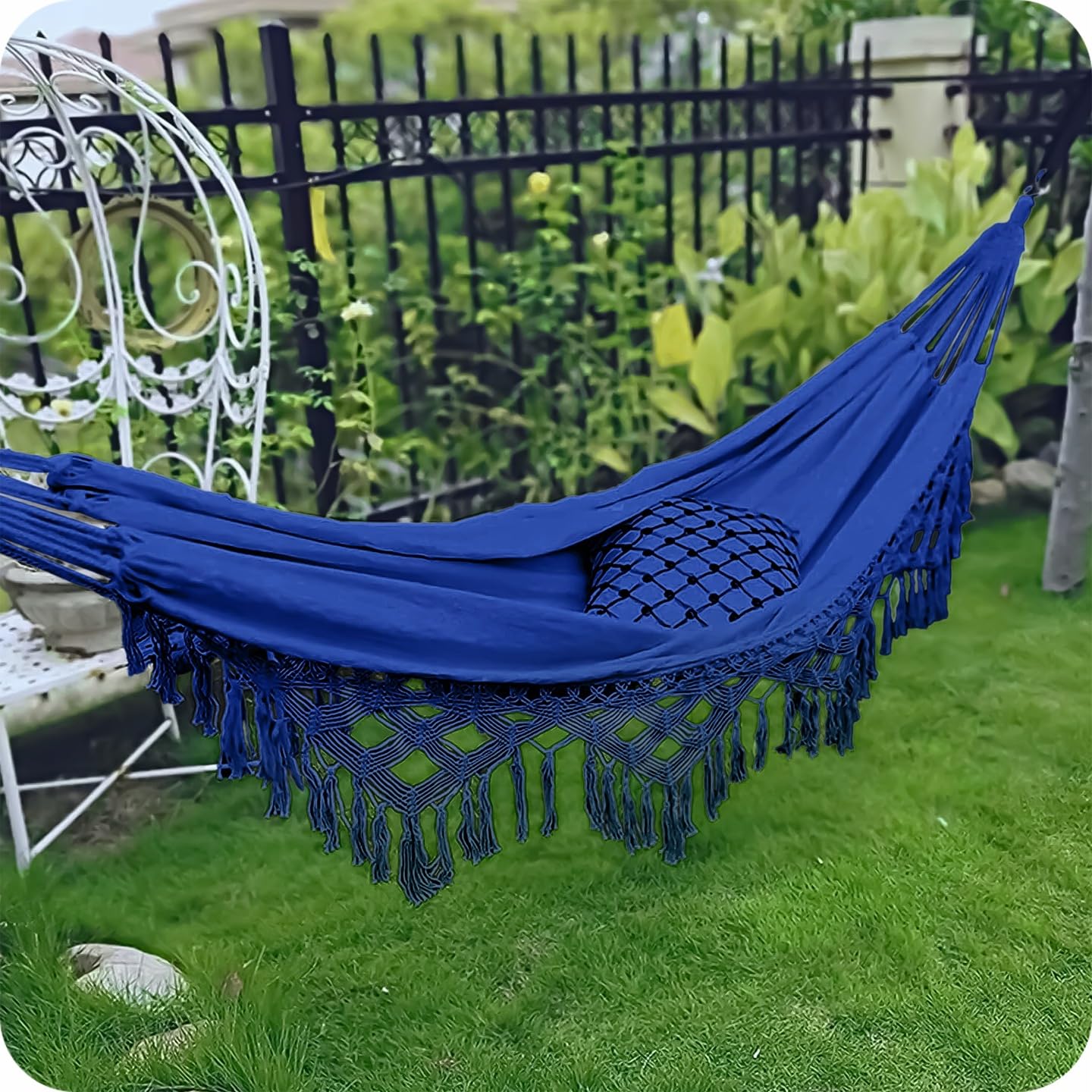 KRUMAD Hamac d'extérieur style bohème 190 x 150 cm, bleu, charge maximale : 120 kg, avec franges, sac de rangement et 2 cordes, en coton et polyester, pour jardin, balcon, terrasse, extérieur et