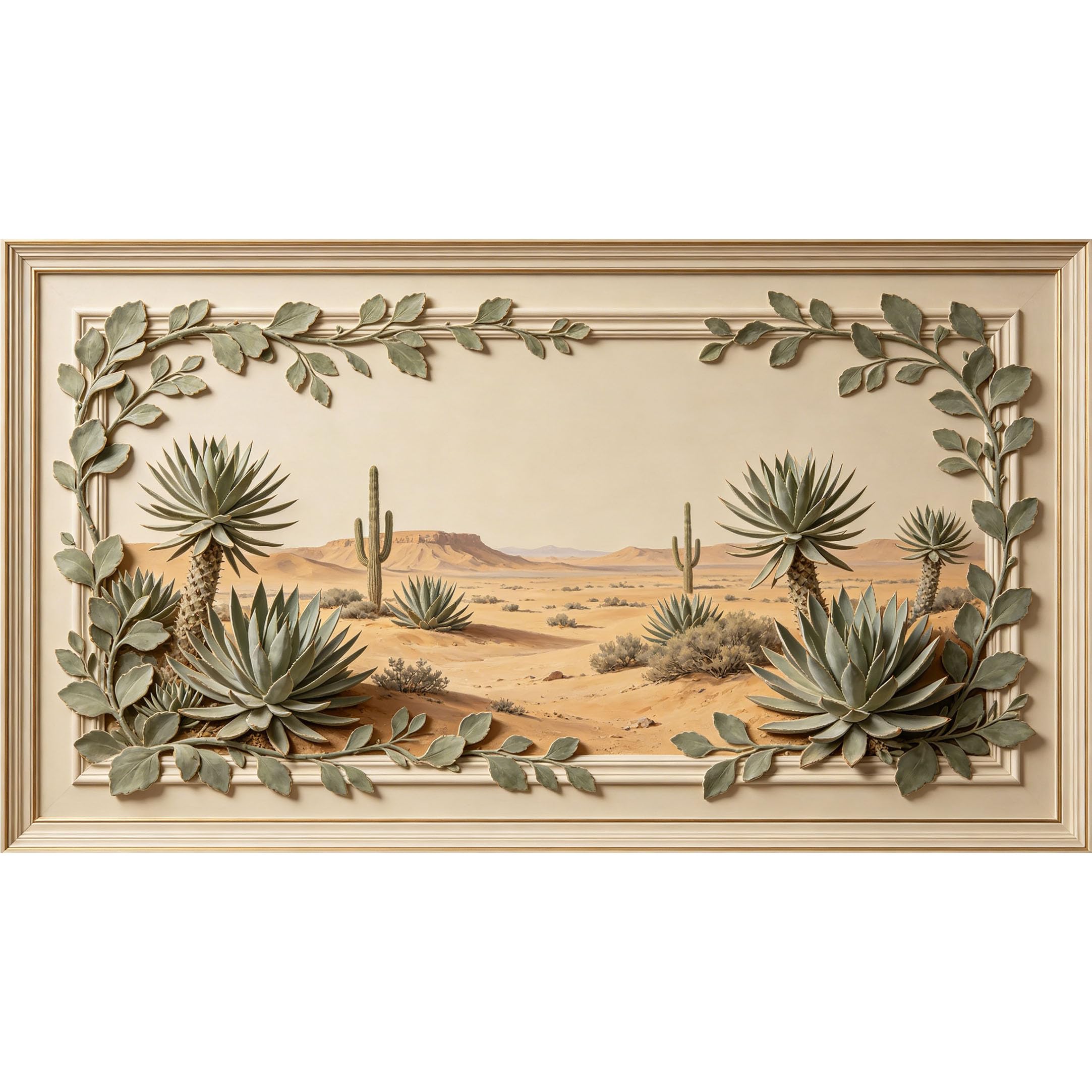 QZLITHOTIC 50×100cm 3D Framed Wall Art， Desert Landscape Botanical Cactus Succulent Self?Adhesive Mural， Water?Activated Peel & Stick Fabric Decor Wall Decal for Bedroom Living Room