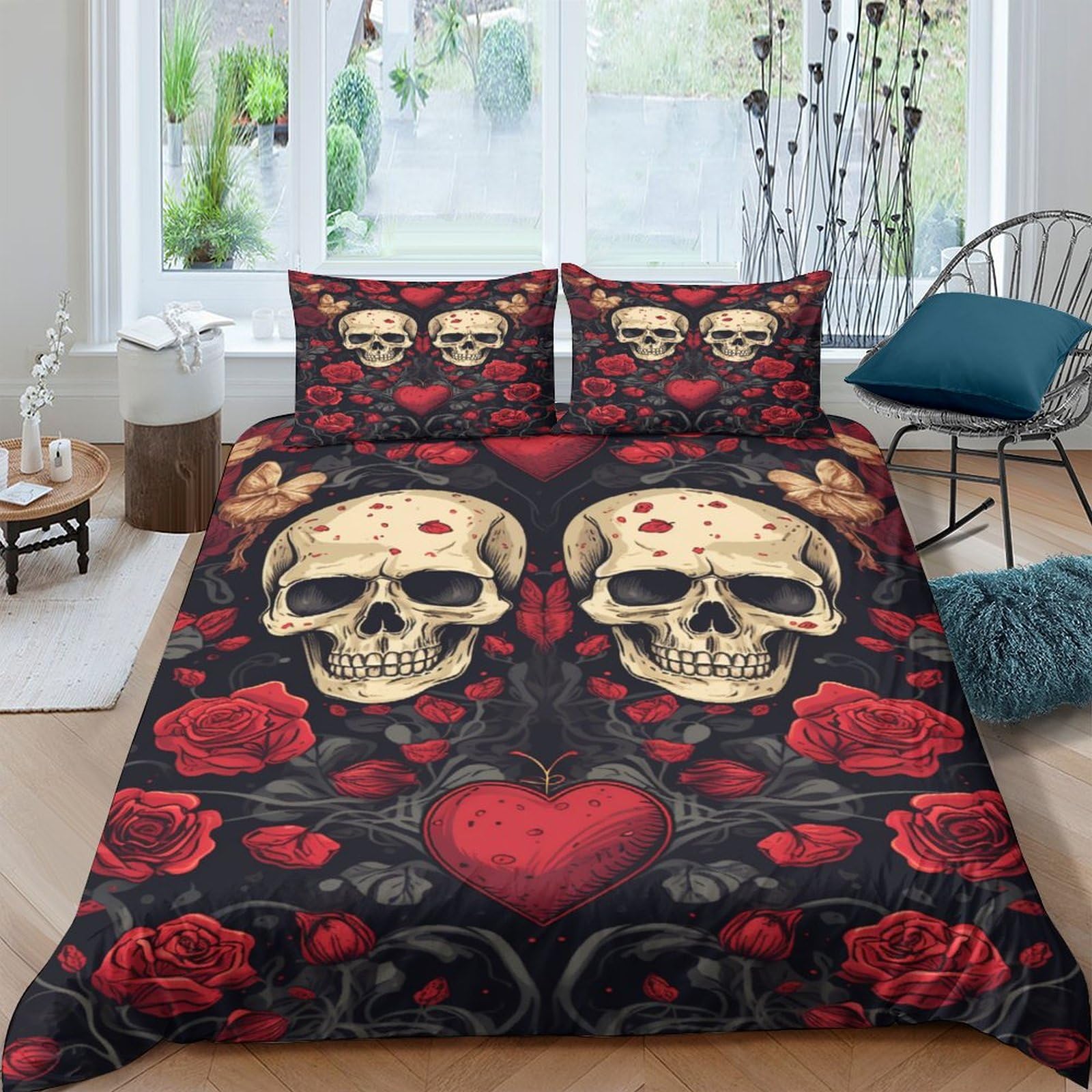 Housses de couette lit double 200x200 crâne rose gothique 3 pièces pour adultes