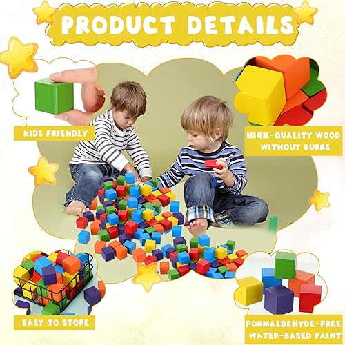 Miniatura 3 de Libima Juego de 100 bloques de construcción de madera de 1.2 pulgadas, juego de bloques de madera de arco iris, cubos cuadrados de madera coloridos,