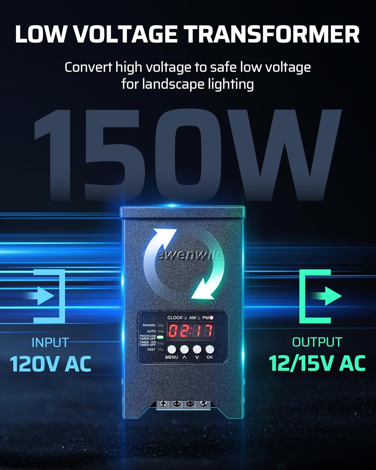 DEWENWILS 150W Low Voltage Landscape Transformer, Landscape Lighting Transformer with Dusk to Dawn Sensor & Timer, 120V to 12V/15VAC, Low Voltage Transformer for Outdoor Landscape Lights