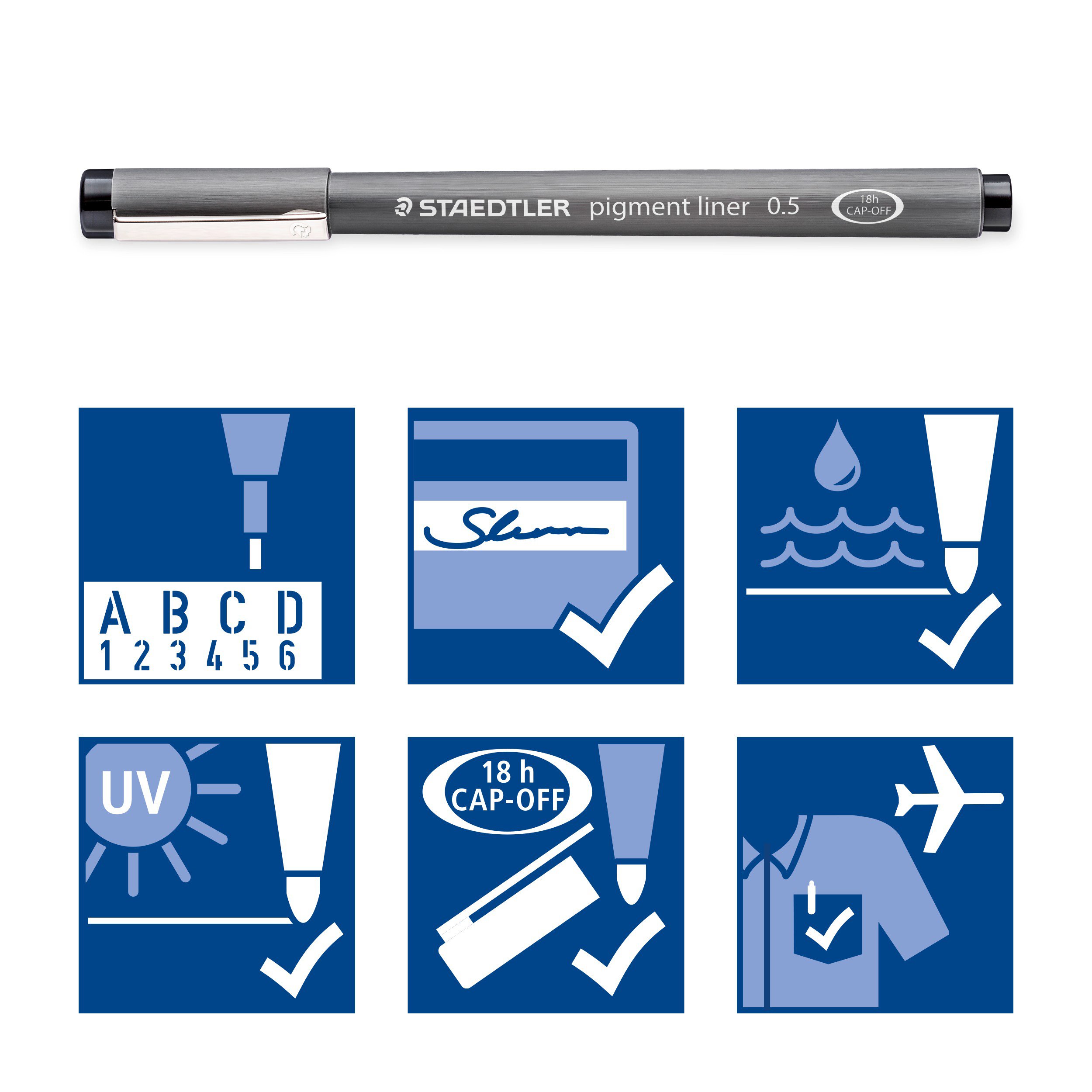 Staedtler 308 SB6P VE Pigment liner 308 – 16 x 6 (4 + 2 gratis) czarny pigmentowany, nietłukący długopis do szkicowania 0,05/0,1/0,2/0,3/0,5/0,8 mm