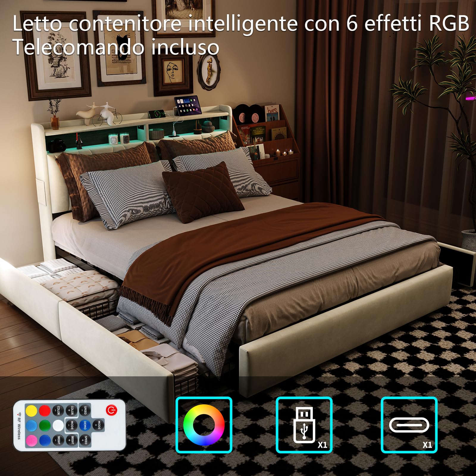 Cama de Matrimonio 160x200 cm con Luces LED y USB, Cama Tapizada con Cabecero Moderno y Somier de Láminas, Estructura de Cama Doble con Puerto de Carga, Beige (Sin Colchón)