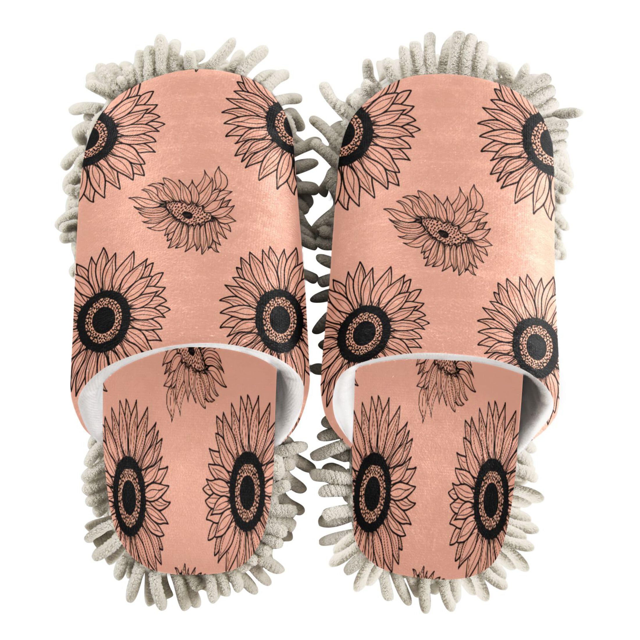 Kigai Sunflowers on Peach Mop Slippers for Floor Cleaning, Slippers for Women Men, Microfiber Floor Cleaning, L