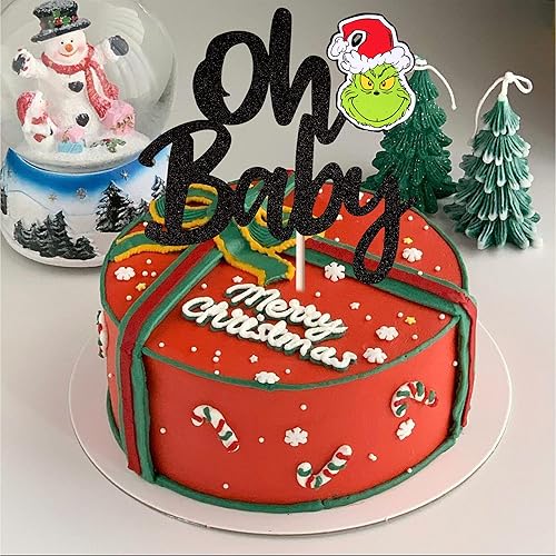 Vista 123 de Rsstarxi 1 paquete de decoración de pastel de Navidad con purpurina verde y rojo hojas de acebo y bayas, sombrero de Papá Noel, barba, decoración