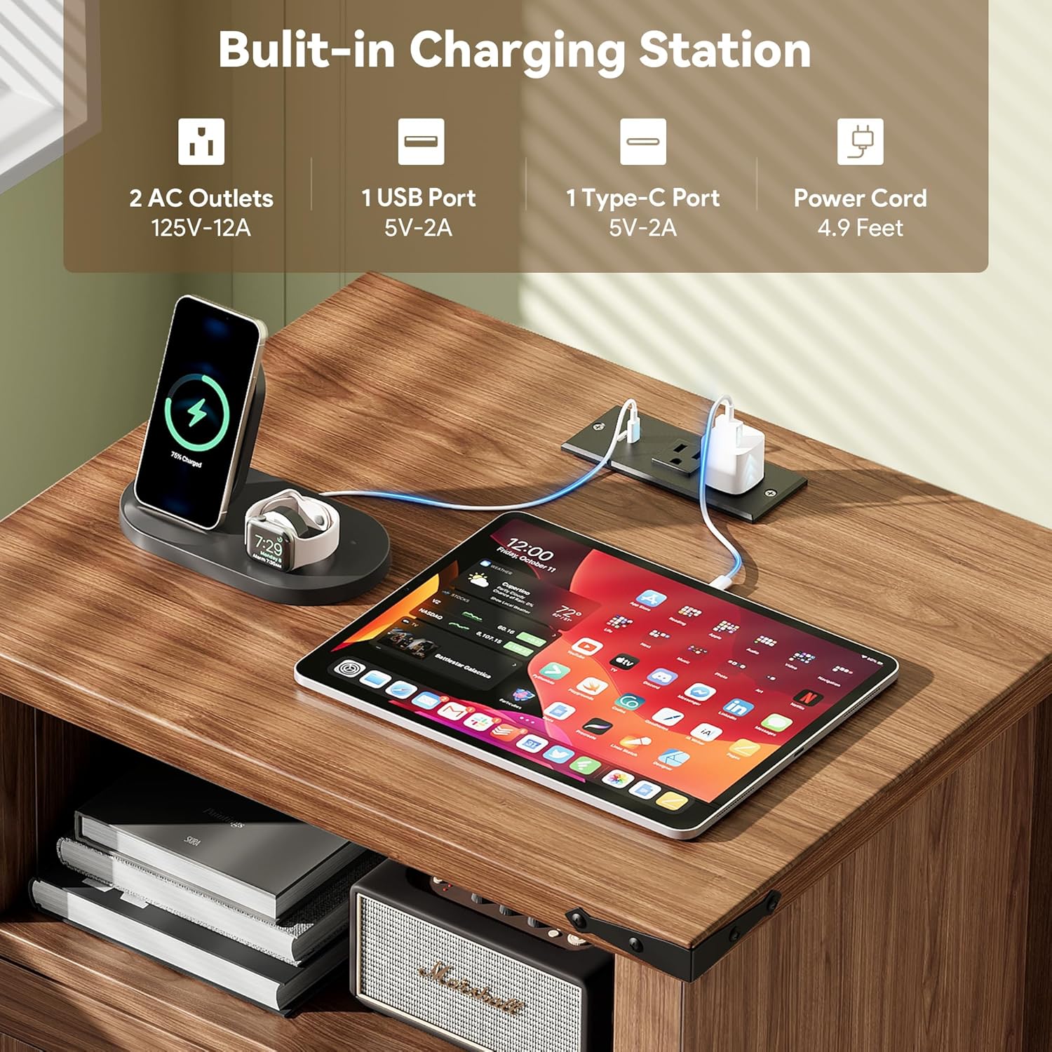 Decofy Farmhouse Nightstand Set of 2 with Charging Station, 18'' Wide Rustic End Table with USB/Type-C Ports, 2 Drawers & Open Shelf, Wood Bedside Table for Bedroom, Walnut