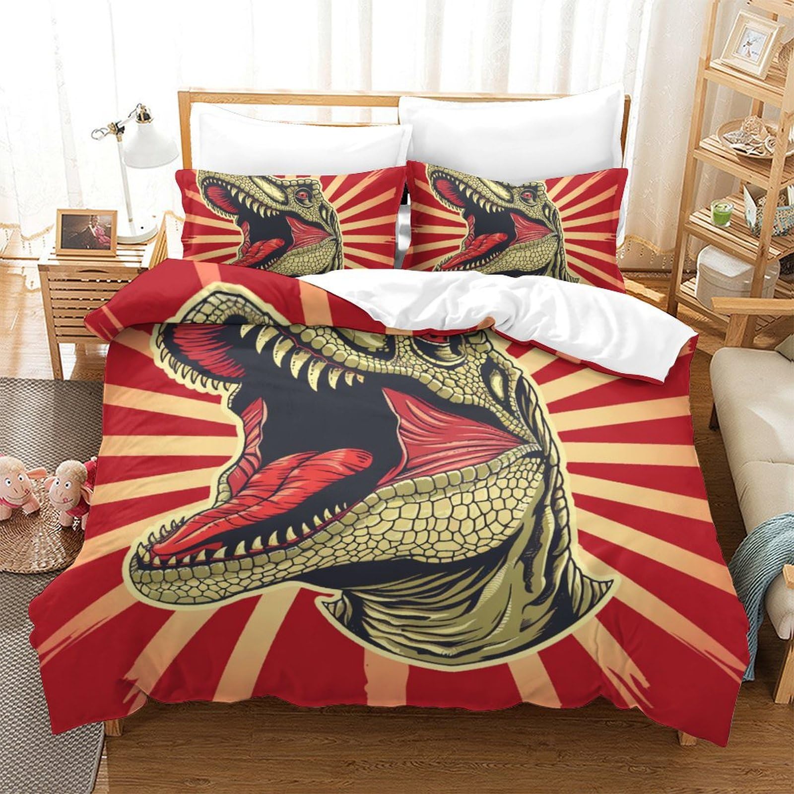 Housse de couette dinosaure 3D 220x240 cm en microfibre douce avec 2 taies d'oreiller pour lit King
