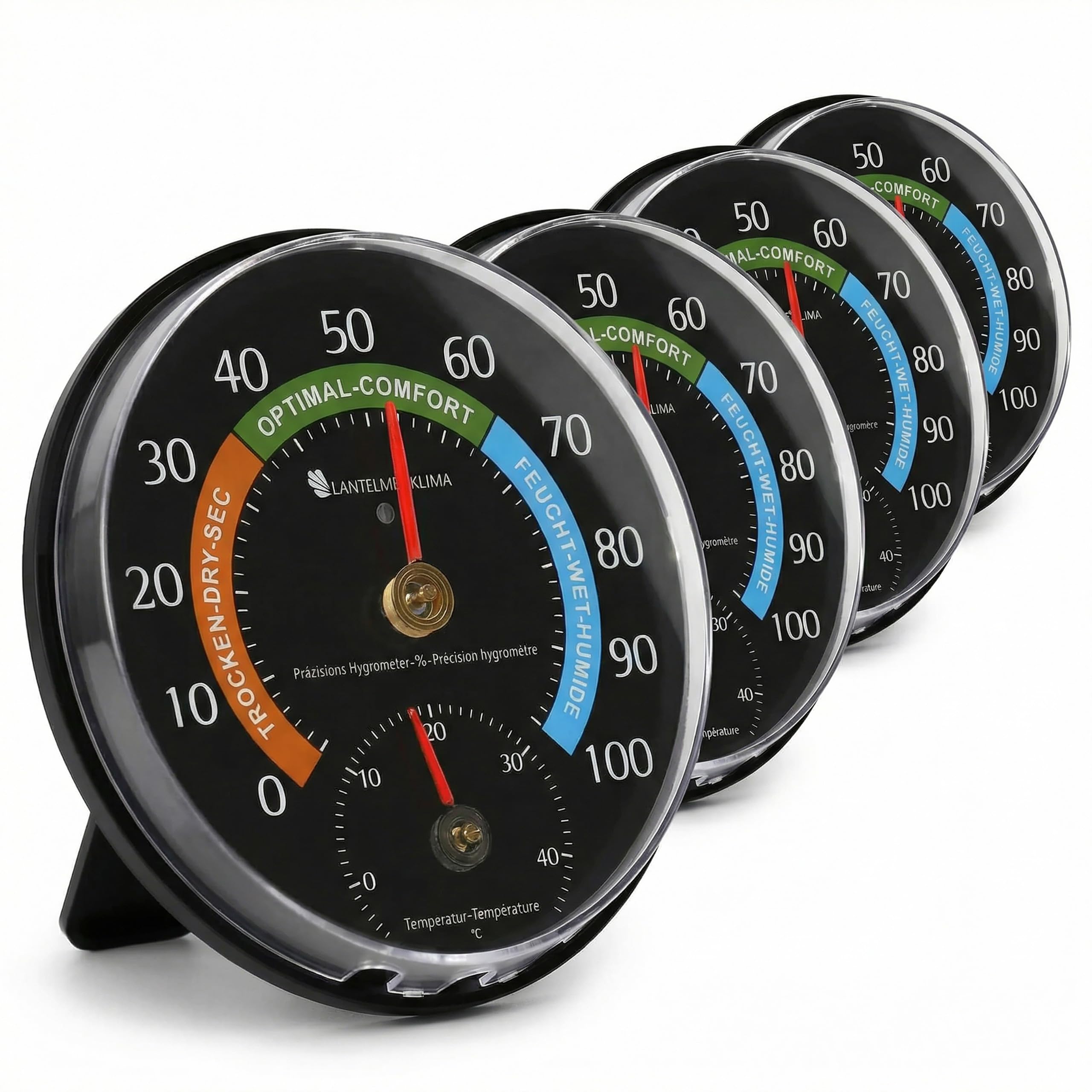 Lantelme 4 Stück Kombi Hygrometer und Thermometer Set | Analog für Innenräume | Luftfeuchtigkeits- und Temperaturmesser für Zimmer Landwirtschaft Gewächshaus | Unterstützt ein gesundes Raumklima