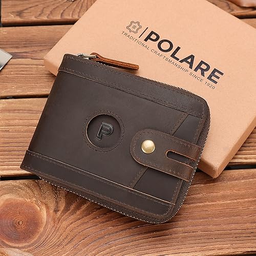 Miniatura 8 de Polare - Cartera plegable de cuero de grano completo para hombre, con bloqueo RFID, ranura para AirTag y bolsillo YKK con cremallera para monedas,