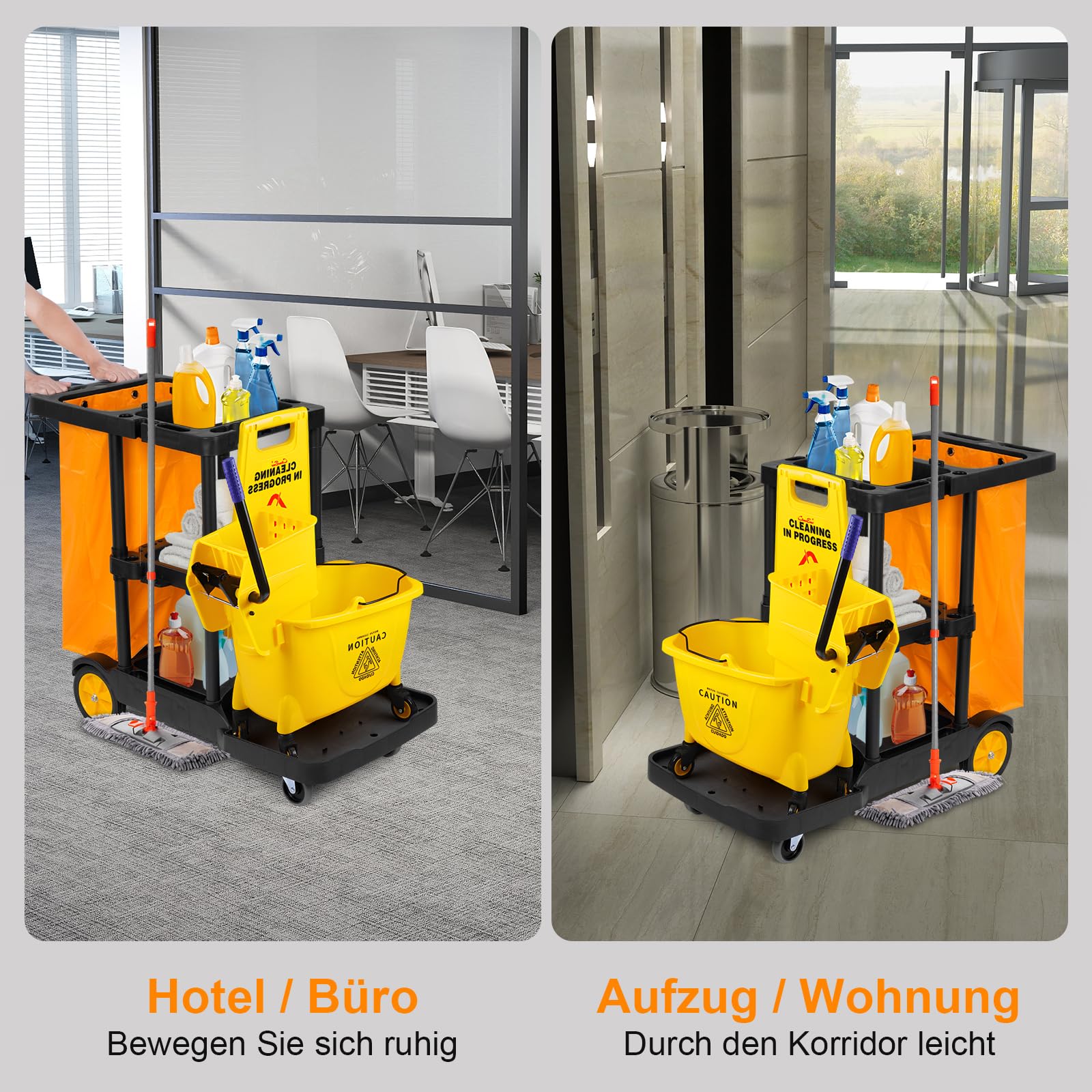 bimiti Profi Putzwagen Reinigungswagen mit extra groß Tasche, 113 x 56 x 93 cm, 3 Ebenen Reinigungswagen Putzwagen Haushaltswagen mit 4 Rollen, Große Kapazität 65 L Müllsack, Gelb + Schwarz
