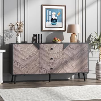 Wood Finish Storage Free Standing Accent Cabinet, Buffet Cabinet with Drawers, Sideboard Table with Storage for Dining Room, Entryway, Black+Grey, 15.8" D x 55.1" W x 27.6" H