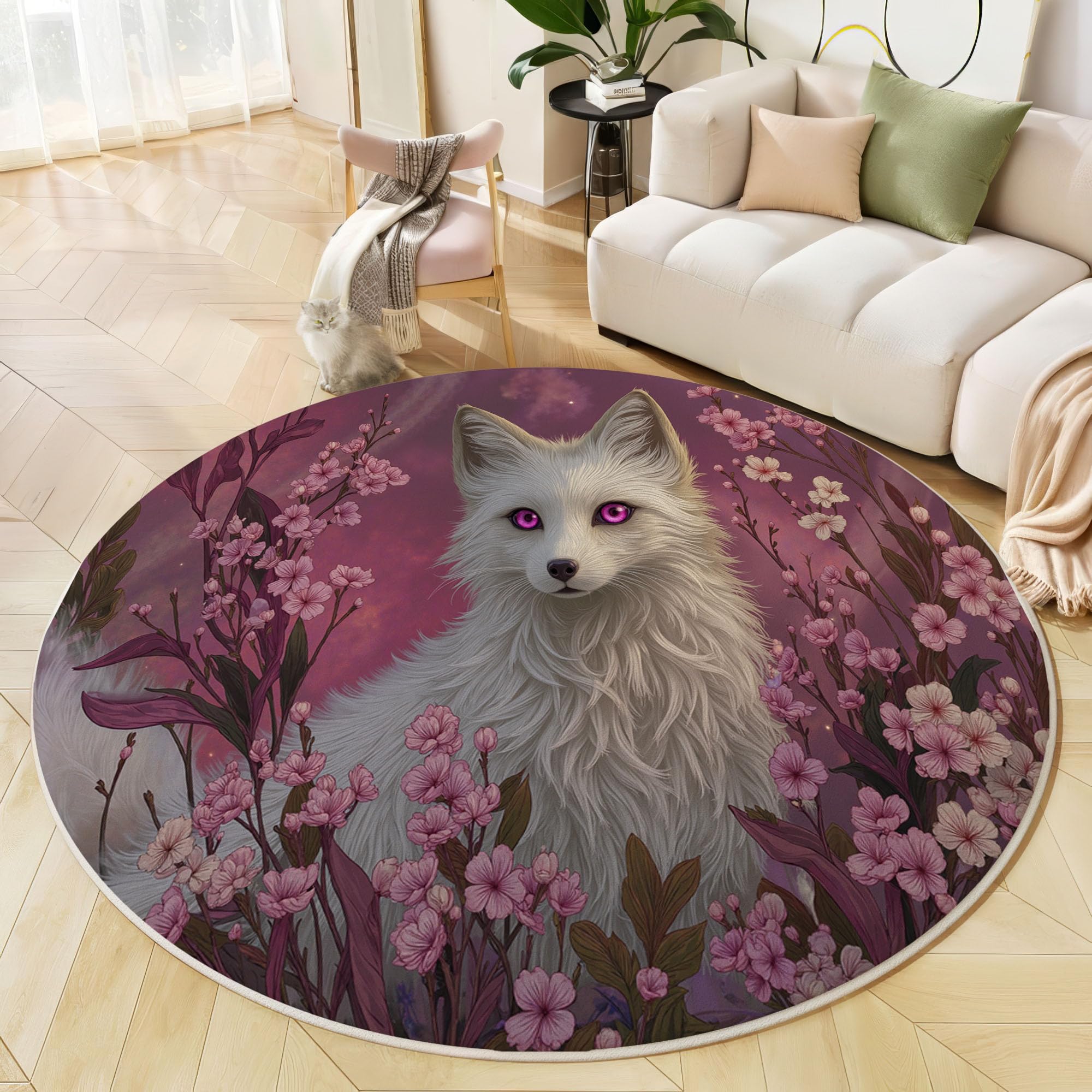 Tapis floral rêveur fin et tapis rond renard blanc 100cm pour salle à manger