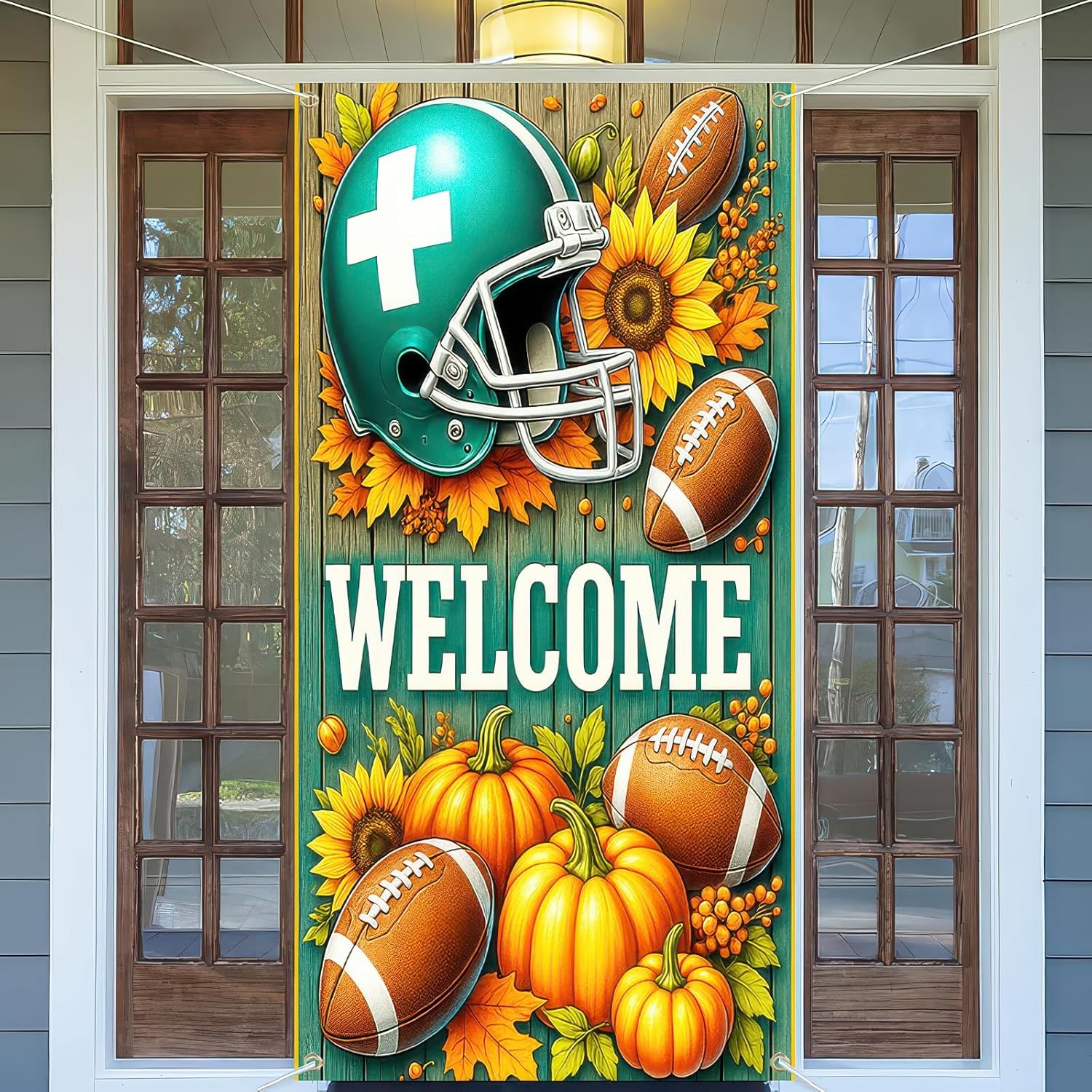 Fall Welcome Door Cover Thanksgiving Backdrop Sunflower Pumpkin 71x35 Inch Football Theme Door Banner for Autumn Party Decorations Sign for Porch Wall Decor Photo Booth Props - Image 4