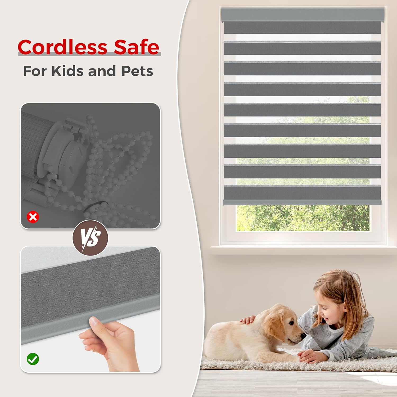 Allesin zen Cordless Zebra Blinds 24" W x 72" H Dark Gray, Dual Layer Day and Night Shades, Room Darkening Blackout & UV Protection, Child & Pet Safe, Easy Install, Home Office Window Treatment