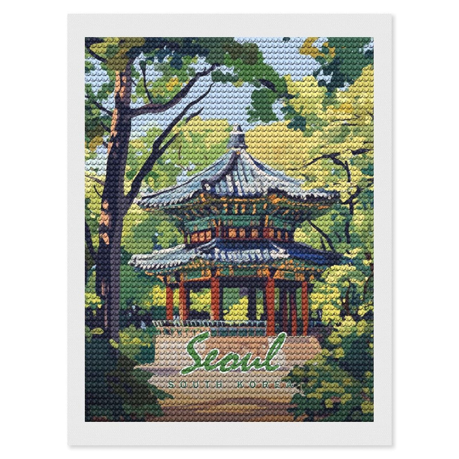Junmoney Seoul Pagoda Illustration Round Drill Diamond Painting 12"x16", Handmade Wall Decor, Modern Decor, Aesthetic Room Decor, Easy Craft Set