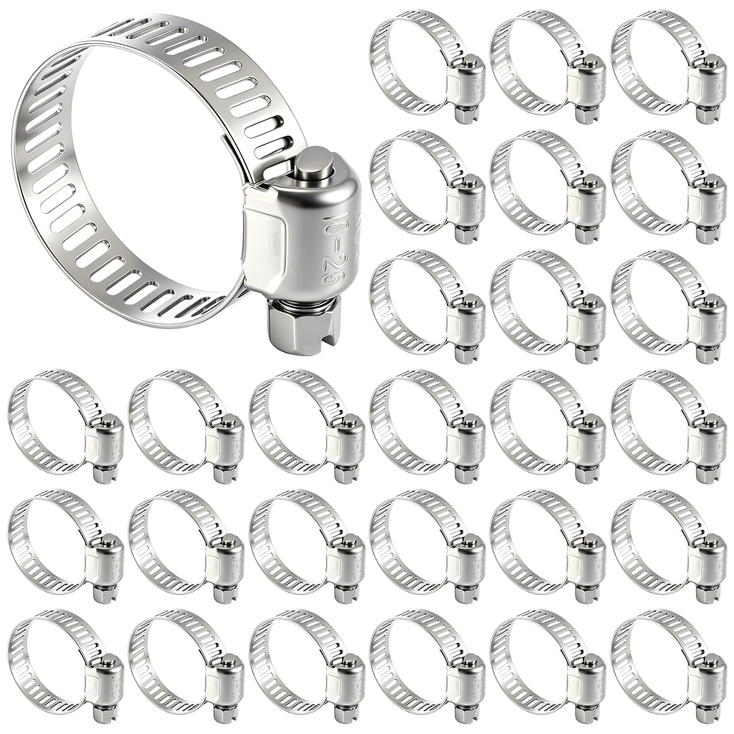 50 Pcs Stainless Steel Hose Clamps 5/8 Inch to 1 Inch (16-25mm) 304 Stainless Steel Worm Gear Metal Hose Clamps for Pipe, Intercooler, Plumbing, Tube and Fuel Line