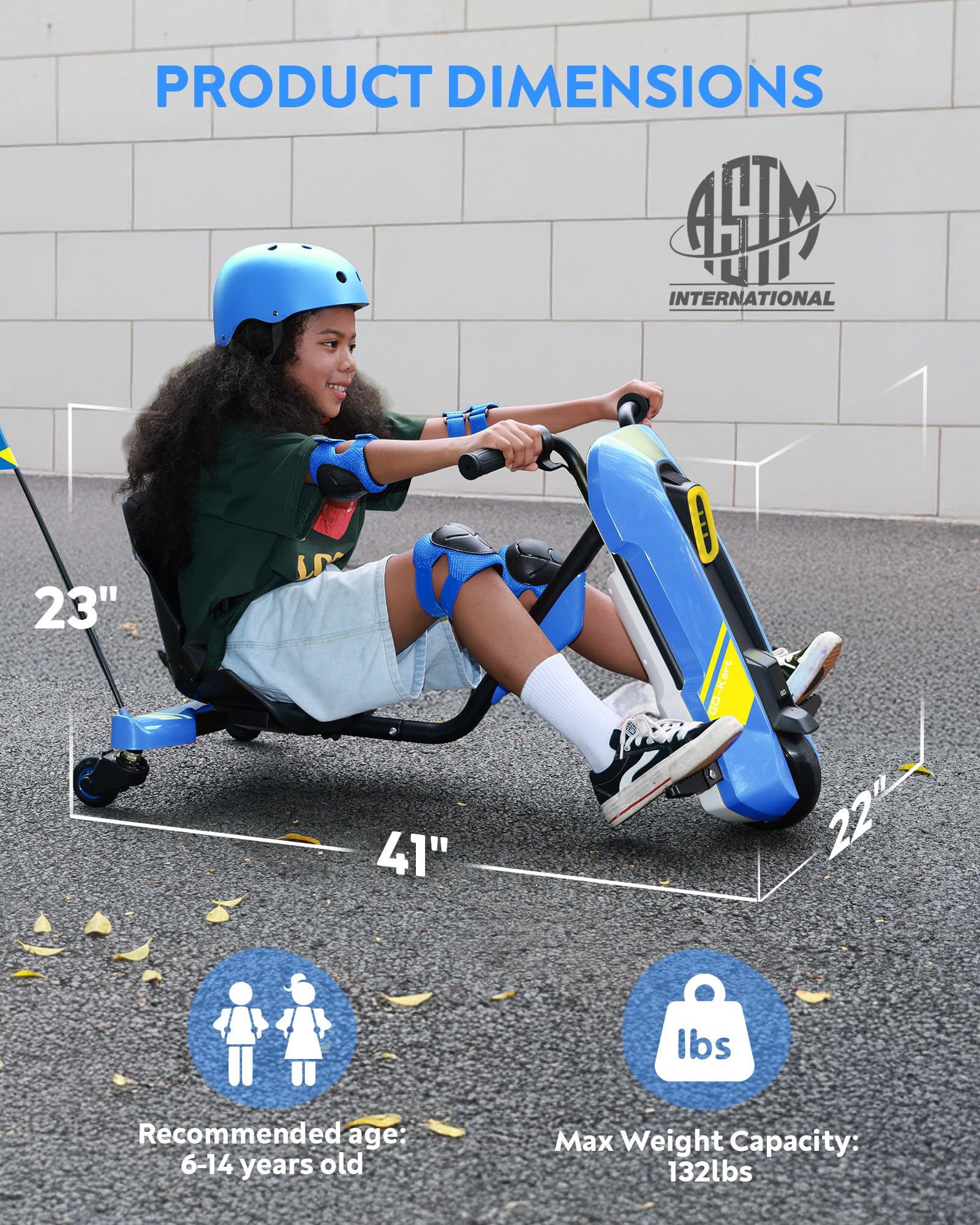 Electric Go Kart for Kids Ages 6-12- 12V Drifting Go Cart Shift - 360° Spin, Twist Grip, Stepless Speed, Max 5 MPH, 3 Adjustable Seat, Music, Bluetooth, Drift Kart for Rider up to 132 lbs, Blue