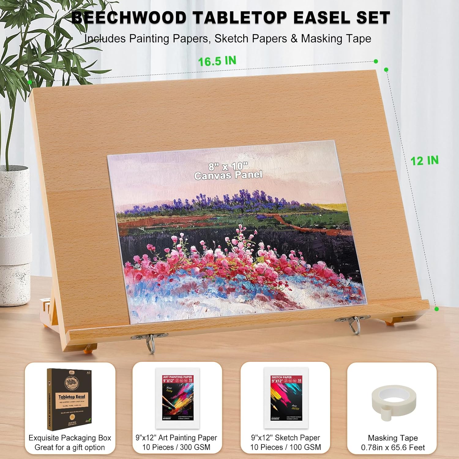 Tabletop Easel for Painting, 16.5"x12" Adjustable Portable Beechwood Drawing Board with Detachable Strap, Art Easel Includes Art Painting Papers, Sketch Papers and Masking Tape, Ideal for Diamond Art A3 Beech