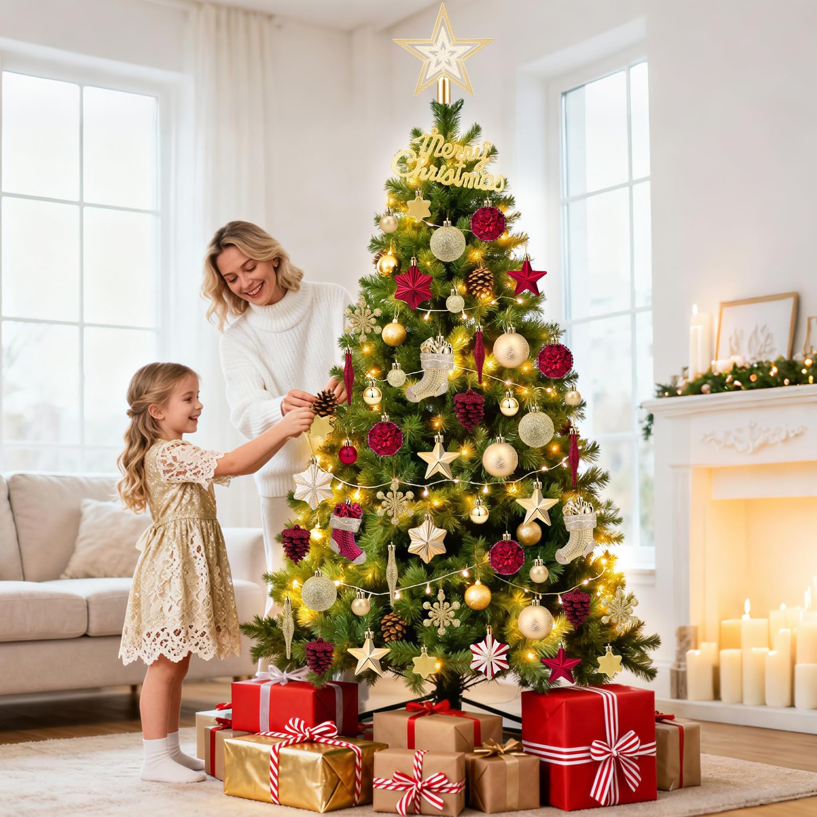 JONRRYIN Juego de 70 Bolas de Navidad de plástico, con luz LED, Punta de árbol, Estrella, pequeñas Bolas de Navidad, para Interior y Exterior