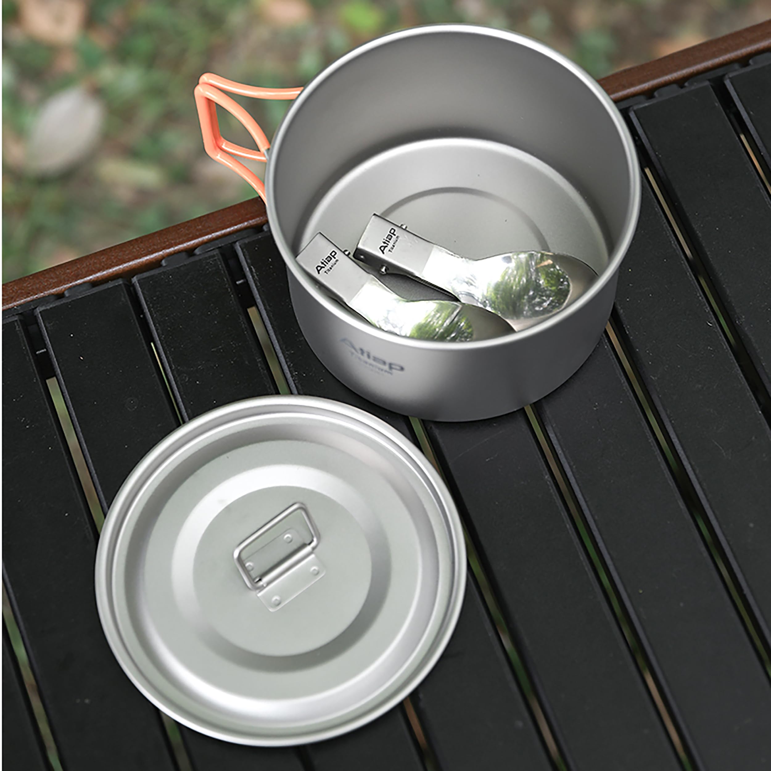 Tazón de titanio con mango plegable, cuenco de titanio de una sola pared con mango plegable para acampar al aire libre, senderismo, picnic (Ta8216M-GJ+M110+8001P)