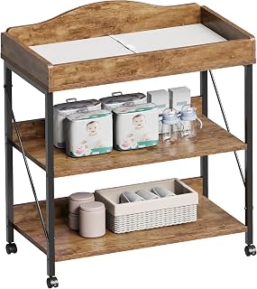 Yetom Baby Changing Table, Diaper Changing Station with Pad and Wheels, Two-Tier Open Storage Shelves, Waterproof Diaper pad & Safety Strap,Compact Baby Furniture for Nursery, Rustic Brown