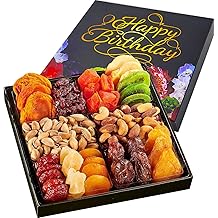 Happy Birthday Dried Fruit &amp; Nuts Gift Basket Arrangement Platter, Gourmet Food Snack Box, Birthday Care Package, Healthy Kosher, Her Him (12 Assortment)