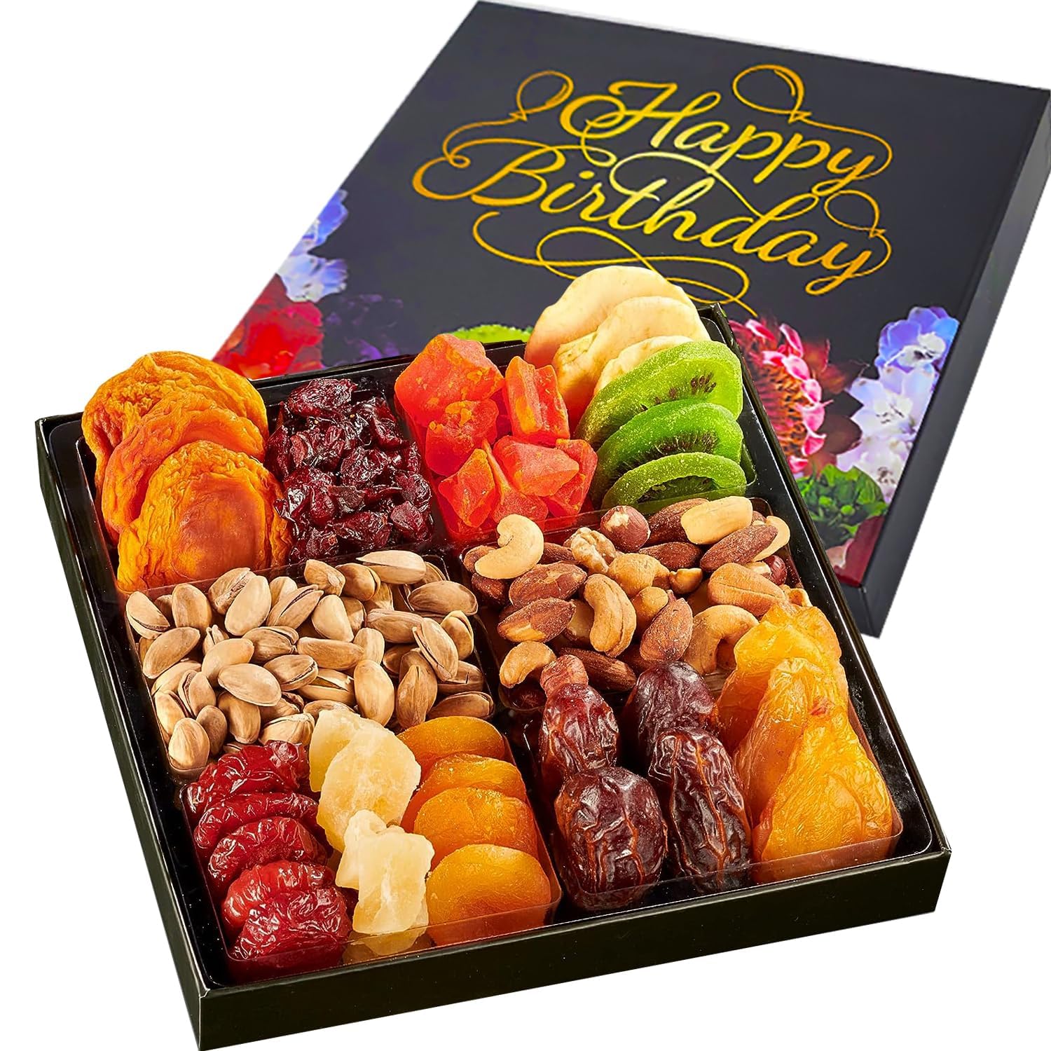 Happy Birthday Dried Fruit & Nuts Gift Basket Arrangement Platter, Gourmet Food Snack Box, Birthday Care Package, Healthy Kosher, Her Him (12 Assortment)