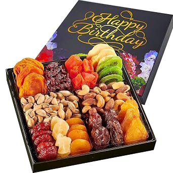 Happy Birthday Dried Fruit & Nuts Gift Basket Arrangement Platter, Gourmet Food Snack Box, Birthday Care Package, Healthy Kosher, Her Him 12 Assortment