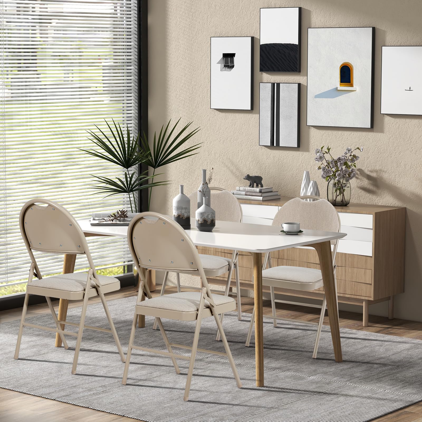 HOMASIS Set di 4 sedie pieghevoli, da cucina con schienale e manico, con struttura in metallo, pieghevole, portata fino a 120 kg, per sala da pranzo, soggiorno, ufficio (beige)