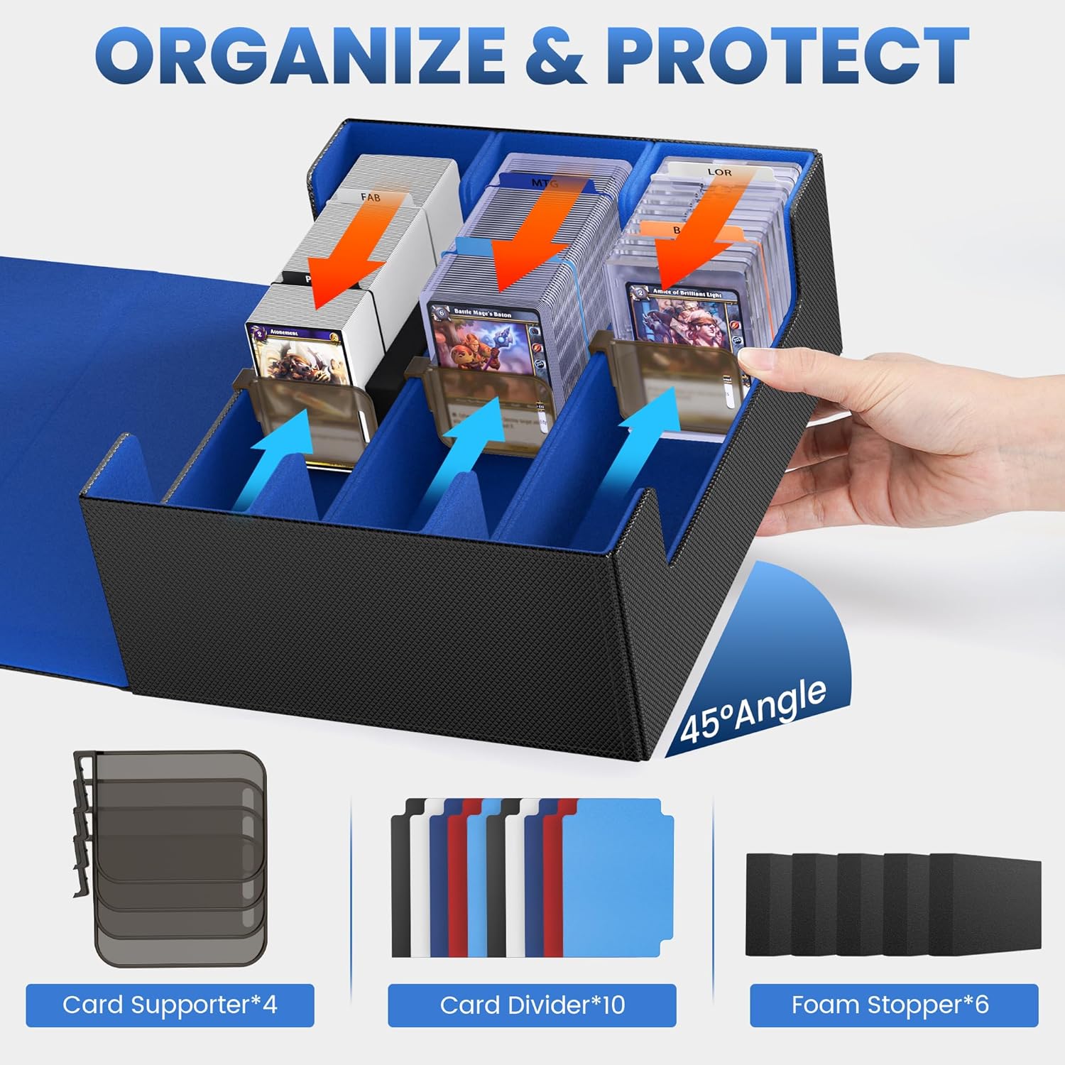 Card Storage Box For Trading Cards 1800+,Card Deck Box With 10 Dividers,6 Foam Stoppers,4 Supporters,Commander Deck Case Fit For Toploaders,MTG,YuGiOh,TCG and Magic Cards