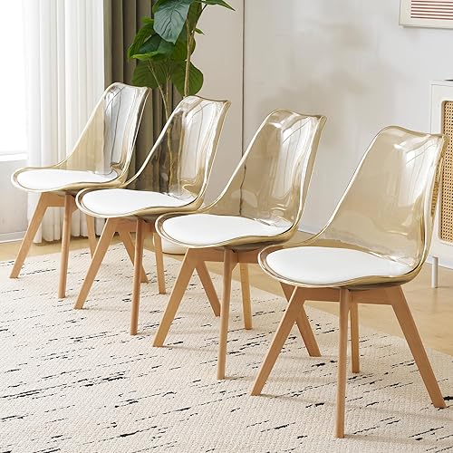 Miniatura 8 de Juego de 4 sillas de comedor transparentes, modernas sillas de comedor de acrílico con cojines de piel sintética y patas de madera, sillas laterales