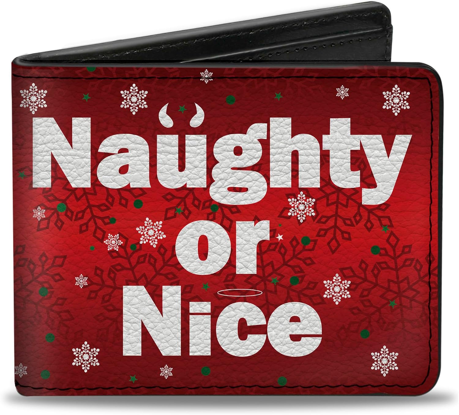 Buckle-Down Men's Wallet, Bifold, Christmas Naughty or Nice Snowflakes Reds White Green, Vegan Leather, 4.0" x 3.5"