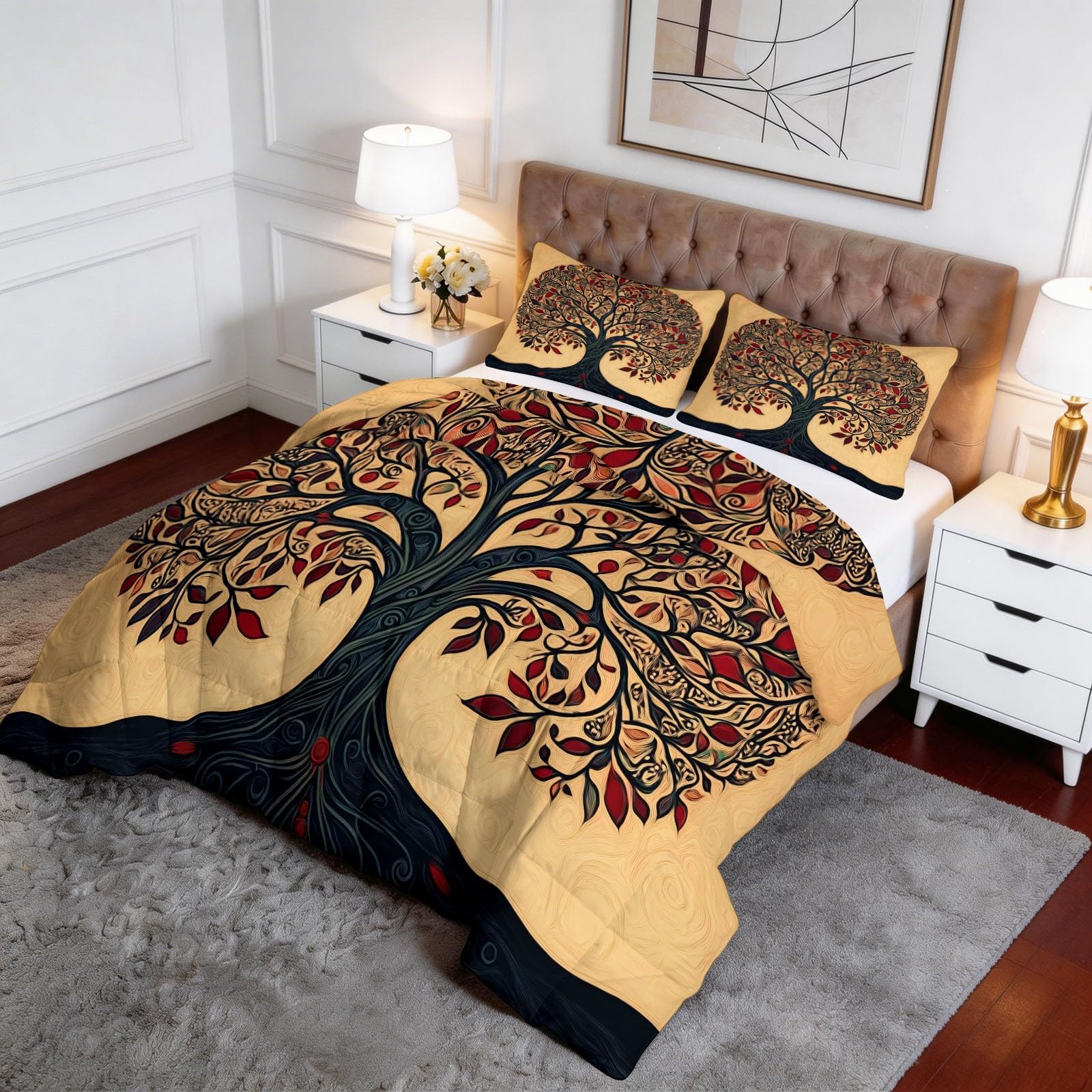 Trapunta Stampa 240 x 260 cm Silhouette Albero Della Vita Mandala Completo copripiumino Matrimoniale/Singolo in Microfibra Morbida – Traspirante, Anallergica & Lavabile – Trapuntatura a Rombi, Beige