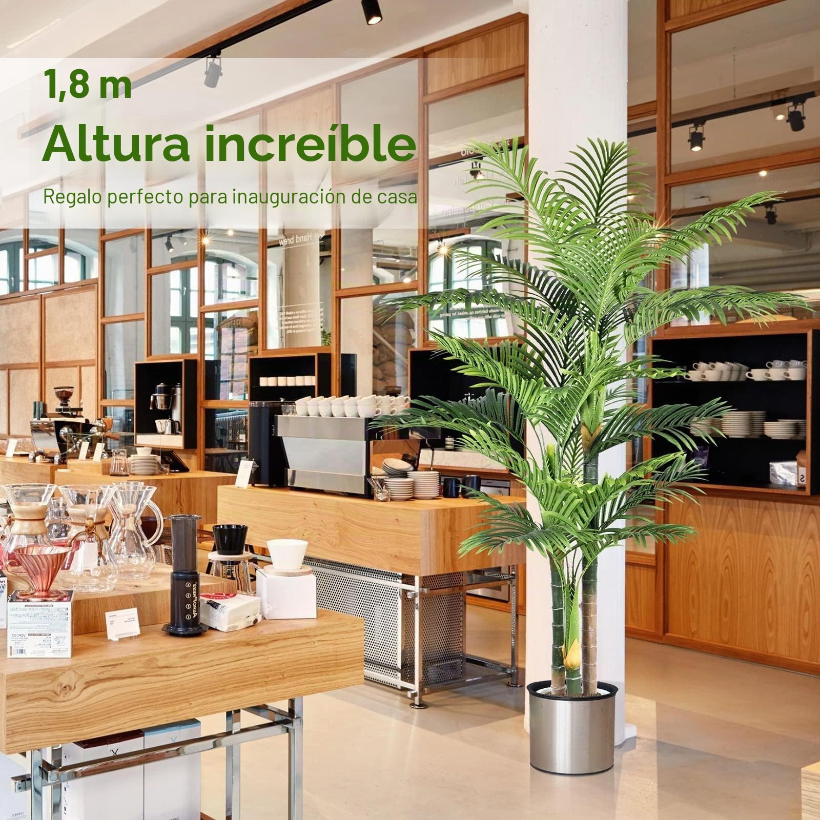 Palmera Artificial Triple Dorado 180cm, Planta Artificial Exterior Grande, arbol Artificial Interior o Exterior Alta para Patio Junto a la Piscina Césped Oficina Salón Balcón Jardín (1Pack)